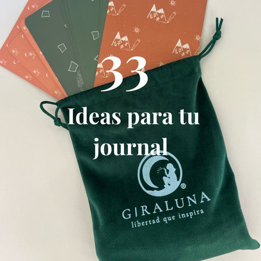Set de 33 ideas para hacer journaling. Incluye 33 tarjetas de buena calidad y una bolsita verde para guardarlas